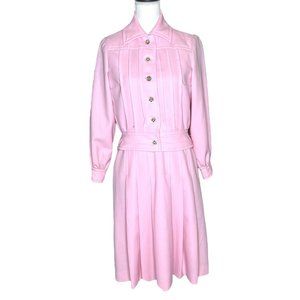 Vtg 1970s Howard Wolf Boutique Med Pink 2-Piece Wool Pleated Swing A-Line Dress